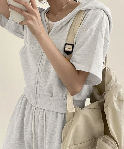 スウェットセットアップレディース半袖夏服 ジップアップパーカー クロップド丈トップス夏 ハイウエストショートパンツ 上下セット ウエストゴム美脚ショーパン 韓国風 92HJHYDZ-003