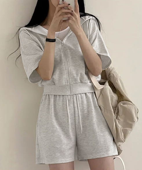 スウェットセットアップレディース半袖夏服 ジップアップパーカー クロップド丈トップス夏 ハイウエストショートパンツ 上下セット ウエストゴム美脚ショーパン 韓国風 92HJHYDZ-003