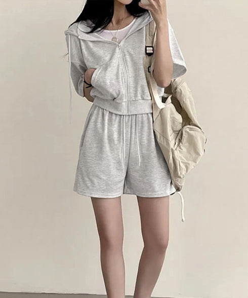 スウェットセットアップレディース半袖夏服 ジップアップパーカー クロップド丈トップス夏 ハイウエストショートパンツ 上下セット ウエストゴム美脚ショーパン 韓国風 92HJHYDZ-003