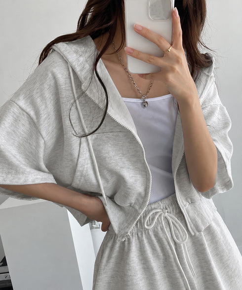 スウェットセットアップレディース半袖夏服 ジップアップパーカー クロップド丈トップス夏 ハイウエストショートパンツ 上下セット ウエストゴム美脚ショーパン 韓国風 92HJHYDZ-003