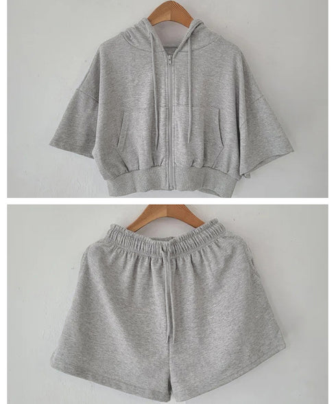スウェットセットアップレディース半袖夏服 ジップアップパーカー クロップド丈トップス夏 ハイウエストショートパンツ 上下セット ウエストゴム美脚ショーパン 韓国風 92HJHYDZ-003