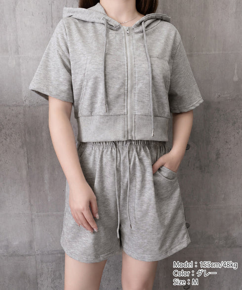 スウェットセットアップレディース半袖夏服 ジップアップパーカー クロップド丈トップス夏 ハイウエストショートパンツ 上下セット ウエストゴム美脚ショーパン 韓国風 92HJHYDZ-003