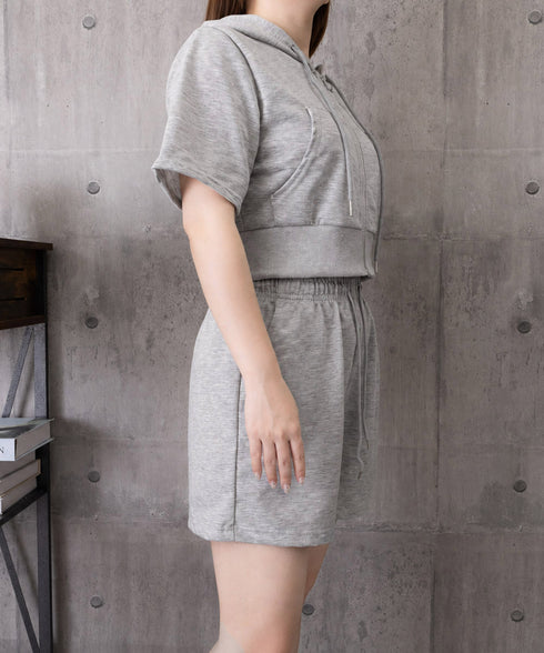 スウェットセットアップレディース半袖夏服 ジップアップパーカー クロップド丈トップス夏 ハイウエストショートパンツ 上下セット ウエストゴム美脚ショーパン 韓国風 92HJHYDZ-003