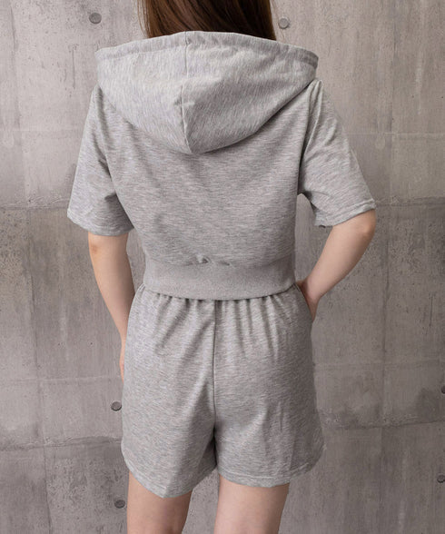 スウェットセットアップレディース半袖夏服 ジップアップパーカー クロップド丈トップス夏 ハイウエストショートパンツ 上下セット ウエストゴム美脚ショーパン 韓国風 92HJHYDZ-003