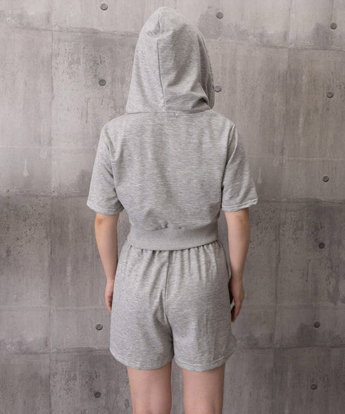 スウェットセットアップレディース半袖夏服 ジップアップパーカー クロップド丈トップス夏 ハイウエストショートパンツ 上下セット ウエストゴム美脚ショーパン 韓国風 92HJHYDZ-003