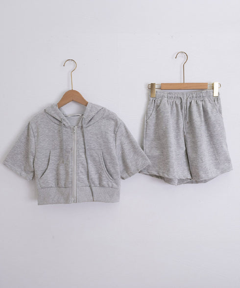 スウェットセットアップレディース半袖夏服 ジップアップパーカー クロップド丈トップス夏 ハイウエストショートパンツ 上下セット ウエストゴム美脚ショーパン 韓国風 92HJHYDZ-003