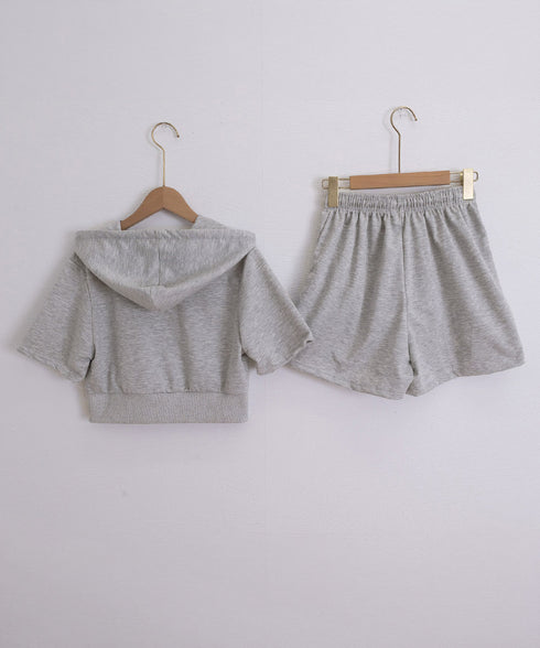 スウェットセットアップレディース半袖夏服 ジップアップパーカー クロップド丈トップス夏 ハイウエストショートパンツ 上下セット ウエストゴム美脚ショーパン 韓国風 92HJHYDZ-003