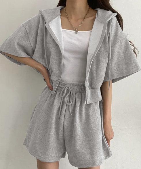 スウェットセットアップレディース半袖夏服 ジップアップパーカー クロップド丈トップス夏 ハイウエストショートパンツ 上下セット ウエストゴム美脚ショーパン 韓国風 92HJHYDZ-003