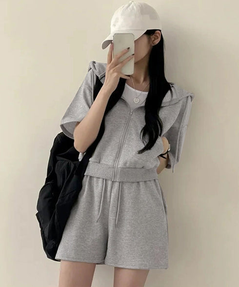 スウェットセットアップレディース半袖夏服 ジップアップパーカー クロップド丈トップス夏 ハイウエストショートパンツ 上下セット ウエストゴム美脚ショーパン 韓国風 92HJHYDZ-003