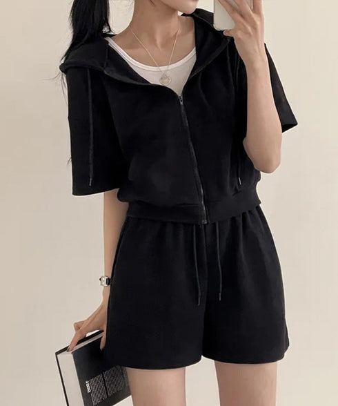 スウェットセットアップレディース半袖夏服 ジップアップパーカー クロップド丈トップス夏 ハイウエストショートパンツ 上下セット ウエストゴム美脚ショーパン 韓国風 92HJHYDZ-003