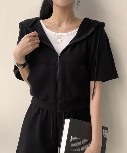 スウェットセットアップレディース半袖夏服 ジップアップパーカー クロップド丈トップス夏 ハイウエストショートパンツ 上下セット ウエストゴム美脚ショーパン 韓国風 92HJHYDZ-003
