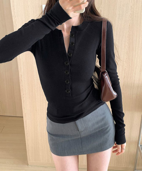 ハーフボタンカットソー長袖タイトtシャツ レディース ヘンリーネックプルオーバー シンプル 細見えTシャツ 着回しベーシックトップス ストレッチフィットカットソー 92HLH-001