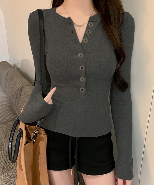 ハーフボタンカットソー長袖タイトtシャツ レディース ヘンリーネックプルオーバー シンプル 細見えTシャツ 着回しベーシックトップス ストレッチフィットカットソー 92HLH-001