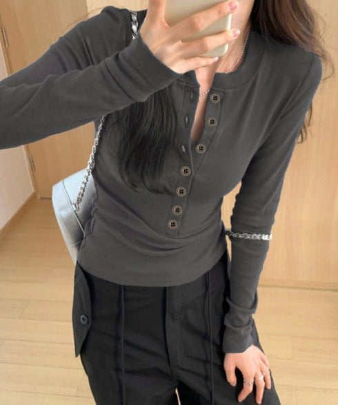 ハーフボタンカットソー長袖タイトtシャツ レディース ヘンリーネックプルオーバー シンプル 細見えTシャツ 着回しベーシックトップス ストレッチフィットカットソー 92HLH-001