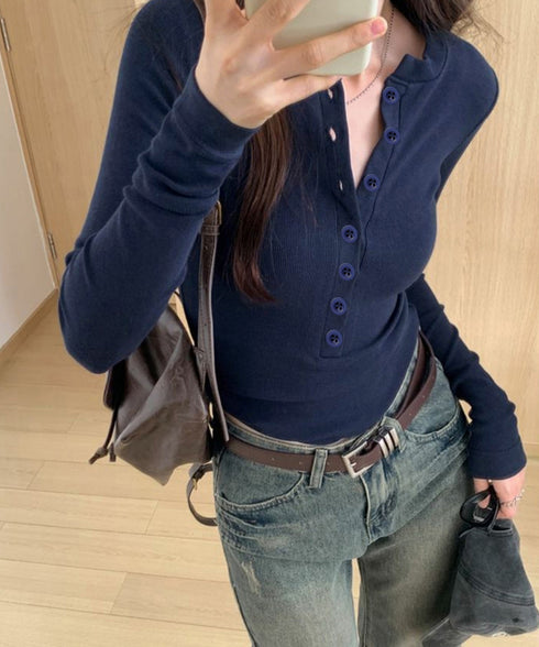 ハーフボタンカットソー長袖タイトtシャツ レディース ヘンリーネックプルオーバー シンプル 細見えTシャツ 着回しベーシックトップス ストレッチフィットカットソー 92HLH-001