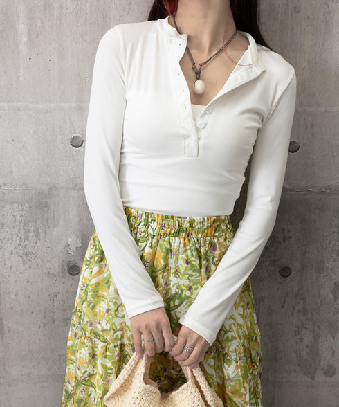 ハーフボタンカットソー長袖タイトtシャツ レディース ヘンリーネックプルオーバー シンプル 細見えTシャツ 着回しベーシックトップス ストレッチフィットカットソー 92HLH-001