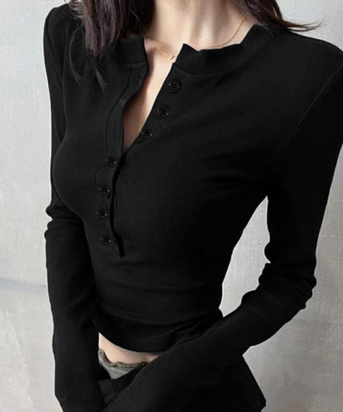 ハーフボタンカットソー長袖タイトtシャツ レディース ヘンリーネックプルオーバー シンプル 細見えTシャツ 着回しベーシックトップス ストレッチフィットカットソー 92HLH-001