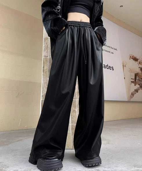 フェイクレザーワイドパンツ ハイウエスト レディース エコレザーパンツ着やせ ウエストゴム合皮パンツ ポケット付きイージーパンツおしゃれ 美脚脚長ストレートパンツ 92HUOLI-001