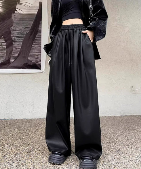 フェイクレザーワイドパンツ ハイウエスト レディース エコレザーパンツ着やせ ウエストゴム合皮パンツ ポケット付きイージーパンツおしゃれ 美脚脚長ストレートパンツ 92HUOLI-001