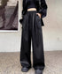 フェイクレザーワイドパンツ ハイウエスト レディース エコレザーパンツ着やせ ウエストゴム合皮パンツ ポケット付きイージーパンツおしゃれ 美脚脚長ストレートパンツ 92HUOLI-001