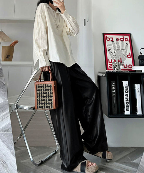 フェイクレザーワイドパンツ ハイウエスト レディース エコレザーパンツ着やせ ウエストゴム合皮パンツ ポケット付きイージーパンツおしゃれ 美脚脚長ストレートパンツ 92HUOLI-001