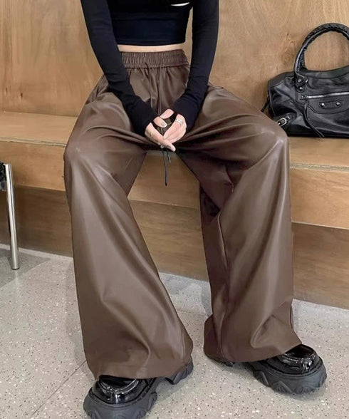 フェイクレザーワイドパンツ ハイウエスト レディース エコレザーパンツ着やせ ウエストゴム合皮パンツ ポケット付きイージーパンツおしゃれ 美脚脚長ストレートパンツ 92HUOLI-001