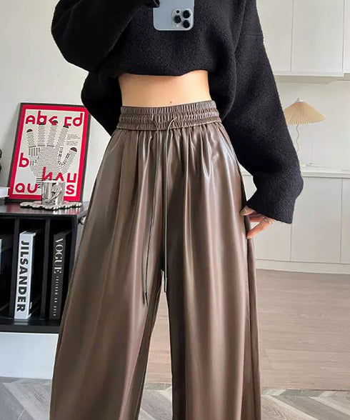 フェイクレザーワイドパンツ ハイウエスト レディース エコレザーパンツ着やせ ウエストゴム合皮パンツ ポケット付きイージーパンツおしゃれ 美脚脚長ストレートパンツ 92HUOLI-001