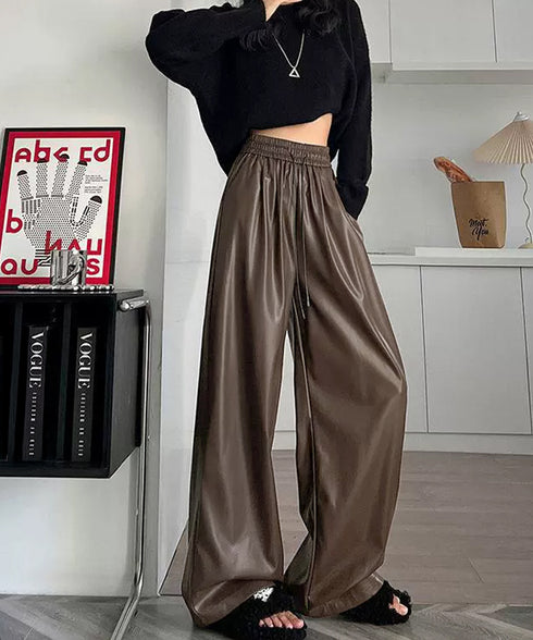 フェイクレザーワイドパンツ ハイウエスト レディース エコレザーパンツ着やせ ウエストゴム合皮パンツ ポケット付きイージーパンツおしゃれ 美脚脚長ストレートパンツ 92HUOLI-001