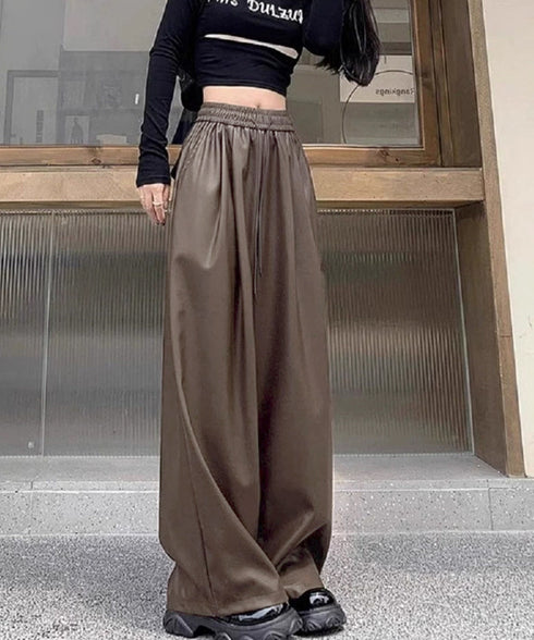 フェイクレザーワイドパンツ ハイウエスト レディース エコレザーパンツ着やせ ウエストゴム合皮パンツ ポケット付きイージーパンツおしゃれ 美脚脚長ストレートパンツ 92HUOLI-001