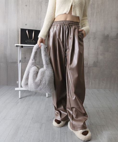 フェイクレザーワイドパンツ ハイウエスト レディース エコレザーパンツ着やせ ウエストゴム合皮パンツ ポケット付きイージーパンツおしゃれ 美脚脚長ストレートパンツ 92HUOLI-001