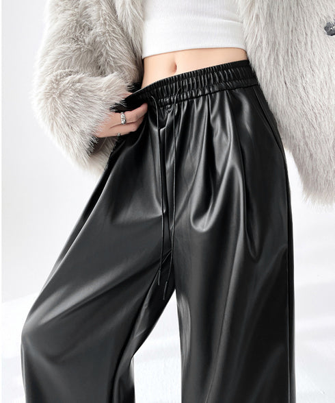 フェイクレザーワイドパンツ ハイウエスト レディース エコレザーパンツ着やせ ウエストゴム合皮パンツ ポケット付きイージーパンツおしゃれ 美脚脚長ストレートパンツ 92HUOLI-001
