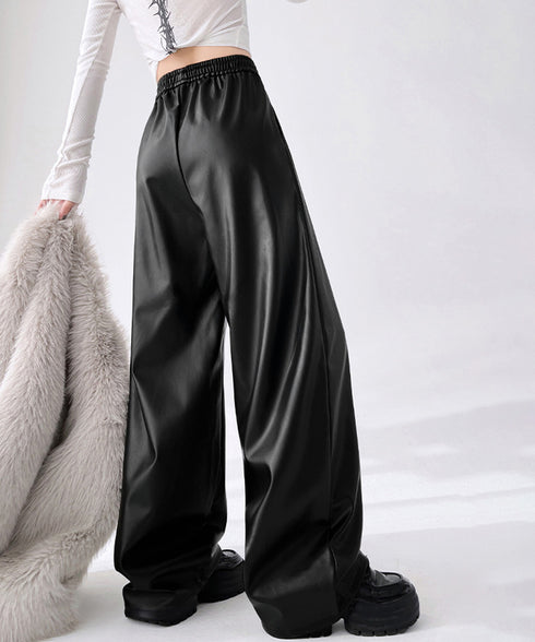 フェイクレザーワイドパンツ ハイウエスト レディース エコレザーパンツ着やせ ウエストゴム合皮パンツ ポケット付きイージーパンツおしゃれ 美脚脚長ストレートパンツ 92HUOLI-001