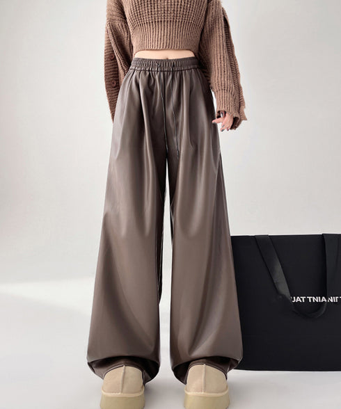 フェイクレザーワイドパンツ ハイウエスト レディース エコレザーパンツ着やせ ウエストゴム合皮パンツ ポケット付きイージーパンツおしゃれ 美脚脚長ストレートパンツ 92HUOLI-001