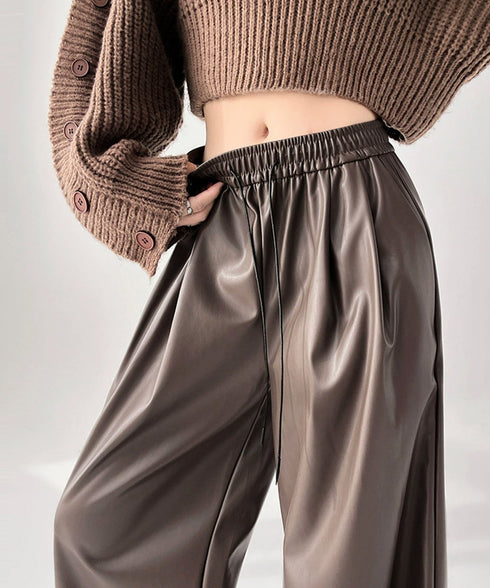 フェイクレザーワイドパンツ ハイウエスト レディース エコレザーパンツ着やせ ウエストゴム合皮パンツ ポケット付きイージーパンツおしゃれ 美脚脚長ストレートパンツ 92HUOLI-001