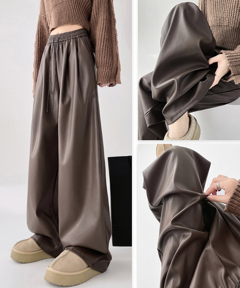 フェイクレザーワイドパンツ ハイウエスト レディース エコレザーパンツ着やせ ウエストゴム合皮パンツ ポケット付きイージーパンツおしゃれ 美脚脚長ストレートパンツ 92HUOLI-001