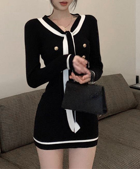 リボンタイミニワンピース配色ニットドレス セクシー ボディラインワンピ韓国風 ゴールドボダン 膝上丈タイトワンピース 上品きれいめ 重ね着ニットワンピース 着やせ 92JIAYINI-001