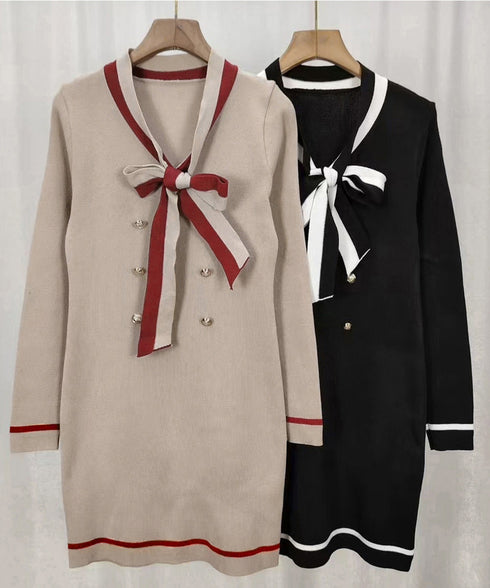 リボンタイミニワンピース配色ニットドレス セクシー ボディラインワンピ韓国風 ゴールドボダン 膝上丈タイトワンピース 上品きれいめ 重ね着ニットワンピース 着やせ 92JIAYINI-001