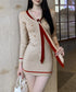 リボンタイミニワンピース配色ニットドレス セクシー ボディラインワンピ韓国風 ゴールドボダン 膝上丈タイトワンピース 上品きれいめ 重ね着ニットワンピース 着やせ 92JIAYINI-001