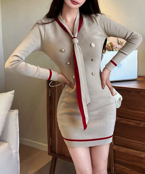 リボンタイミニワンピース配色ニットドレス セクシー ボディラインワンピ韓国風 ゴールドボダン 膝上丈タイトワンピース 上品きれいめ 重ね着ニットワンピース 着やせ 92JIAYINI-001