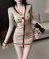 リボンタイミニワンピース配色ニットドレス セクシー ボディラインワンピ韓国風 ゴールドボダン 膝上丈タイトワンピース 上品きれいめ 重ね着ニットワンピース 着やせ 92JIAYINI-001