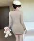 リボンタイミニワンピース配色ニットドレス セクシー ボディラインワンピ韓国風 ゴールドボダン 膝上丈タイトワンピース 上品きれいめ 重ね着ニットワンピース 着やせ 92JIAYINI-001