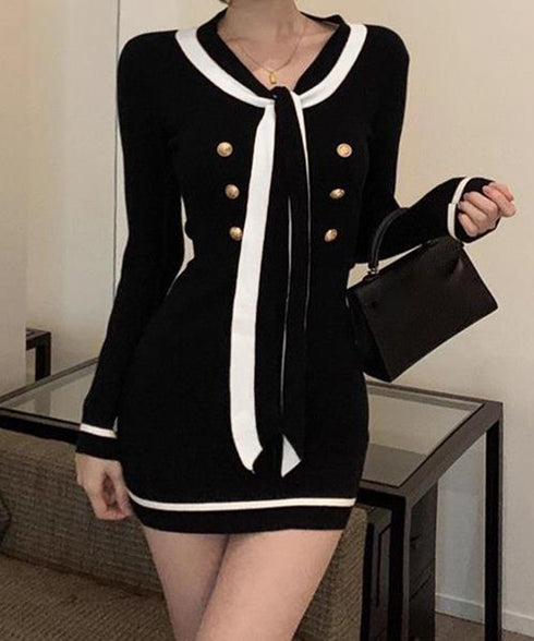 リボンタイミニワンピース配色ニットドレス セクシー ボディラインワンピ韓国風 ゴールドボダン 膝上丈タイトワンピース 上品きれいめ 重ね着ニットワンピース 着やせ 92JIAYINI-001