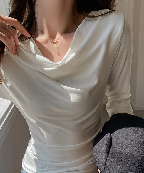 ドレープネックTシャツ 長袖トップス春秋 レディース おしゃれカットソー オフィスカジュアル 柔らかなプルオーバー 大人通勤トップス 韓国風 無地カットソー細見え 92JILAI-001