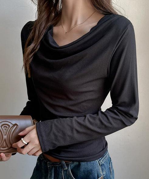 ドレープネックTシャツ 長袖トップス春秋 レディース おしゃれカットソー オフィスカジュアル 柔らかなプルオーバー 大人通勤トップス 韓国風 無地カットソー細見え 92JILAI-001
