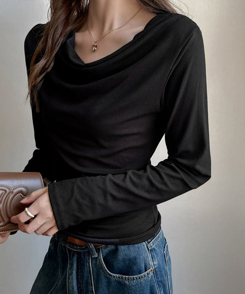ドレープネックTシャツ 長袖トップス春秋 レディース おしゃれカットソー オフィスカジュアル 柔らかなプルオーバー 大人通勤トップス 韓国風 無地カットソー細見え 92JILAI-001