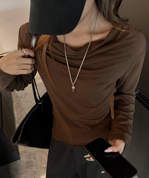 ドレープネックTシャツ 長袖トップス春秋 レディース おしゃれカットソー オフィスカジュアル 柔らかなプルオーバー 大人通勤トップス 韓国風 無地カットソー細見え 92JILAI-001