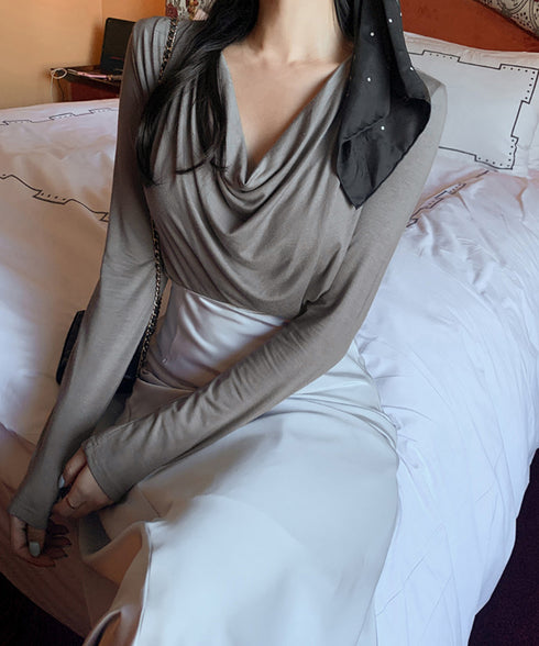 ドレープネックTシャツ 長袖トップス春秋 レディース おしゃれカットソー オフィスカジュアル 柔らかなプルオーバー 大人通勤トップス 韓国風 無地カットソー細見え 92JILAI-001