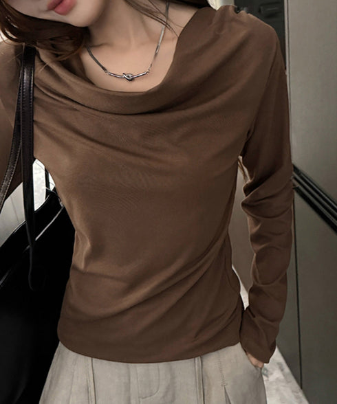 ドレープネックTシャツ 長袖トップス春秋 レディース おしゃれカットソー オフィスカジュアル 柔らかなプルオーバー 大人通勤トップス 韓国風 無地カットソー細見え 92JILAI-001