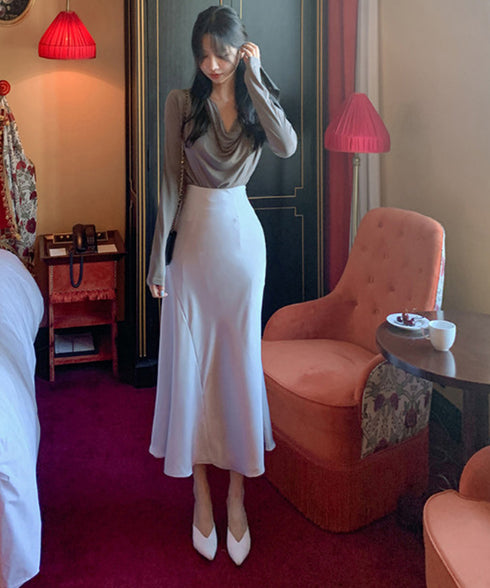 ドレープネックTシャツ 長袖トップス春秋 レディース おしゃれカットソー オフィスカジュアル 柔らかなプルオーバー 大人通勤トップス 韓国風 無地カットソー細見え 92JILAI-001