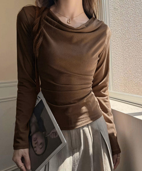 ドレープネックTシャツ 長袖トップス春秋 レディース おしゃれカットソー オフィスカジュアル 柔らかなプルオーバー 大人通勤トップス 韓国風 無地カットソー細見え 92JILAI-001